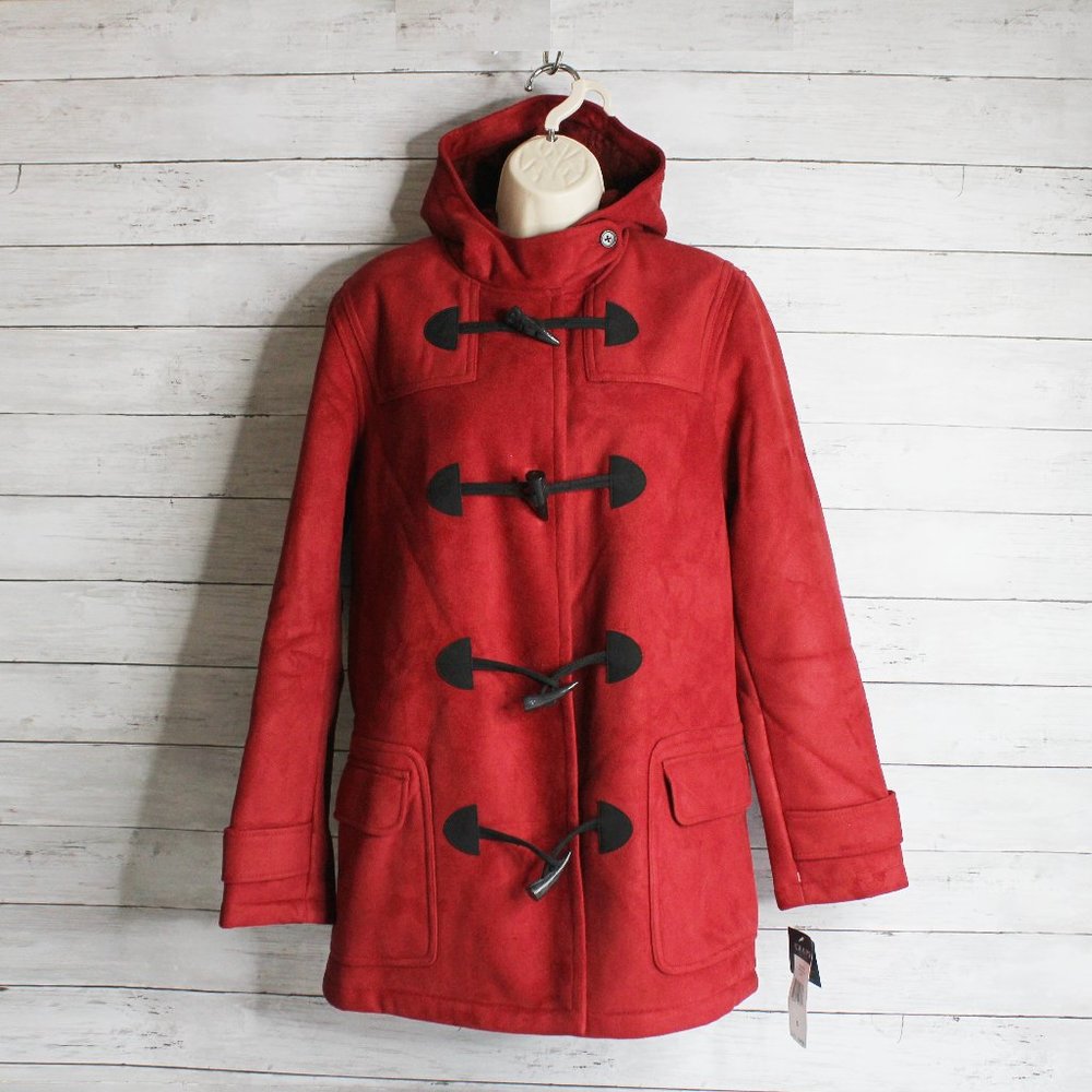 Chaps Women's Winter Coat Size XL Red Toggle Jacket Faux Suede Hooded